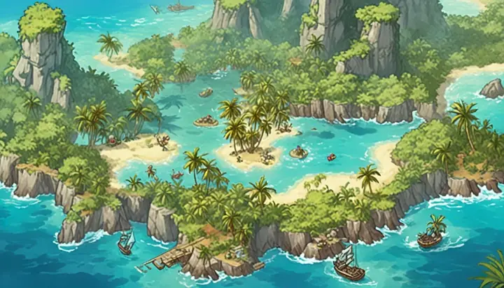 Vista dall'alto di un arcipelago tropicale: isolotti di sabbia, isole di giungla e scogli nel mare turchese